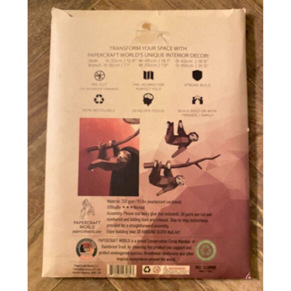 Papercraft World Hanging Sloth 3D Papercraft Animal Wall & Art Decor DIY Kit - Picture 2 of 8